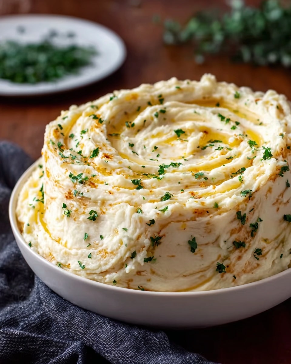 A large bowl of mashed potatoes is shaped with visible swirls and soft peaks, showing light golden brown spots where the top has been slightly baked or browned. The surface is sprinkled with small green parsley pieces, and melted butter pools gently in the swirls, creating a rich shine. The mashed potatoes have a creamy, fluffy texture with some rough edges from the churning process. The bowl is white and sits on a wooden table, with a dark cloth partially underneath it and a blurred white plate with green herbs in the background. photo taken with an iphone --ar 4:5 --v 7