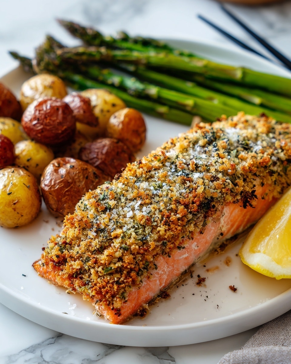 A white plate holds a piece of cooked salmon covered with a thick, crumbly golden-brown herb crust that has a slightly rough texture with bits of green herbs and coarse salt sprinkled on top. To the left of the salmon is a layer of small, roasted baby potatoes with a golden-brown skin that looks crispy. Behind the potatoes, a bundle of bright green, grilled asparagus spears are arranged close together, showing some char marks. A wedge of lemon is tucked partially under the salmon near the potatoes. In the background, black chopsticks rest on the edge of the plate, all set on a white marbled surface. photo taken with an iphone --ar 4:5 --v 7