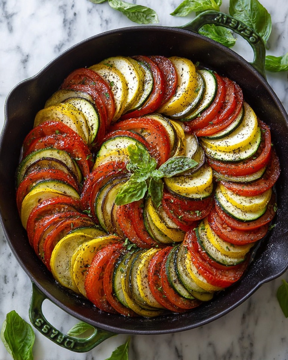 A round green cast iron pan filled with a neatly arranged vegetable dish, showing layers of thin, round slices of tomato, yellow squash, zucchini, and eggplant, stacked upright and overlapping in a circular pattern that fills the entire pan. The vegetables have a roasted look with a gentle brown edge and sprinkled black pepper on top. Small fresh green basil leaves garnish the center and top left side of the pan. The pan sits on a white marbled surface with a few loose basil leaves scattered around. Photo taken with an iphone --ar 4:5 --v 7