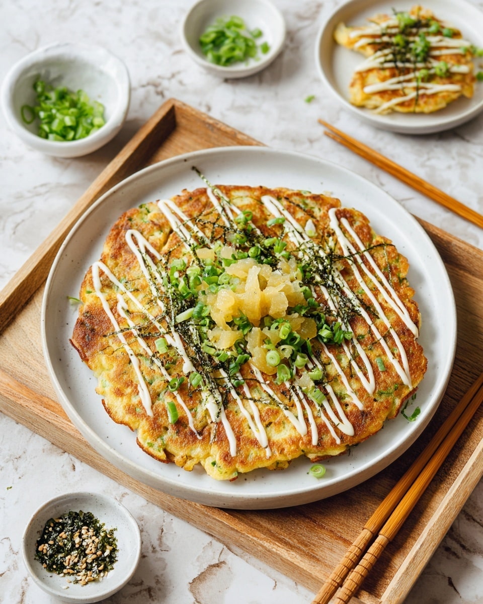 The image shows a golden-brown savory pancake on a white plate, placed on a wooden tray over a white marbled surface. The pancake has a crispy texture with visible small browned spots and is topped with thin drizzles of creamy white sauce arranged in diagonal lines across the surface. On top of the pancake, there are fresh green onion slices and light yellow pickled ginger pieces scattered generously, adding vibrant color contrast. Nearby, there are small white bowls containing extra chopped green onions and a sesame seaweed mix. A pair of wooden chopsticks rests beside the tray, completing the setting. The background is a white marbled texture that enhances the dish’s warm tones. photo taken with an iphone --ar 4:5 --v 7