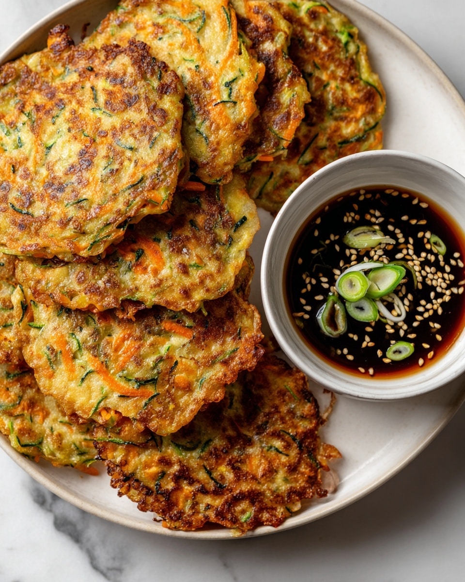 A white plate holds a stack of about eight small, irregularly shaped pancakes with a golden-brown crispy surface interspersed with visible bits of green zucchini and orange carrot, each pancake showing a slightly uneven texture with some darker, toasted spots. To the side, a white bowl contains a dark soy-like dipping sauce garnished with white sesame seeds and thin slices of green chili and spring onions floating on top. The whole arrangement is set on a white marbled surface. photo taken with an iphone --ar 4:5 --v 7