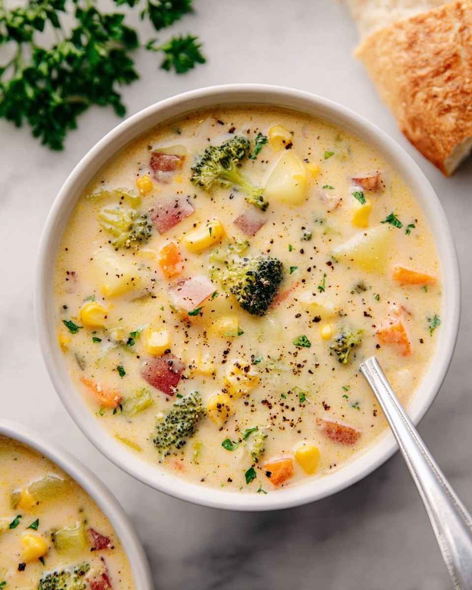 A white bowl filled with creamy chowder soup showing multiple layers of ingredients, including green broccoli pieces, red potato chunks, yellow corn, and small bits of orange carrot dispersed throughout a thick, pale yellow broth with a smooth texture, lightly sprinkled with black pepper. A shiny silver spoon rests inside the bowl on the right side. In the top left, some fresh green parsley leaves are visible, while a piece of crusty bread with a golden crust is on the top right, all placed on a white marbled textured surface. Photo taken with an iphone --ar 4:5 --v 7