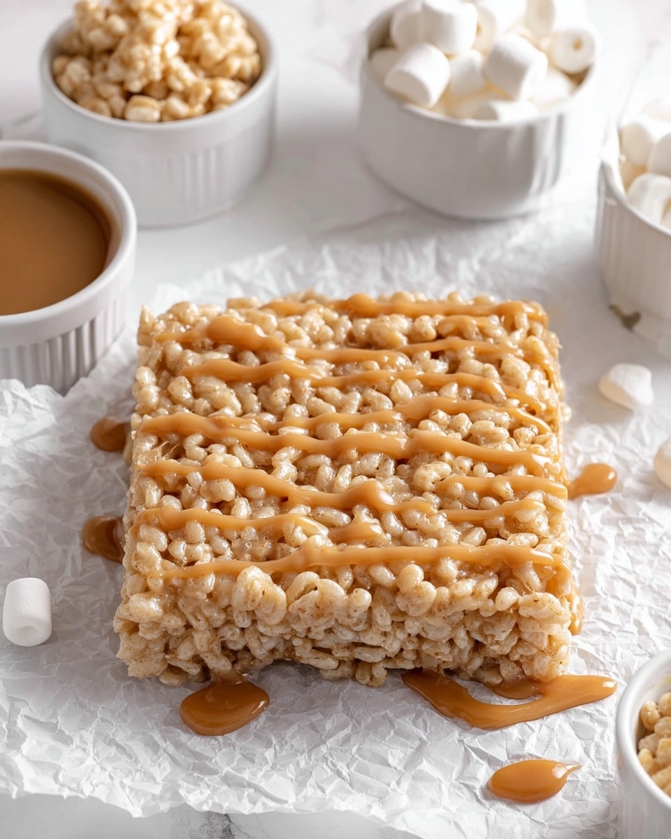 The image shows a square-shaped rice crispy treat with a textured, light golden layer made of puffed rice cereal bound together, sitting on crinkled white paper over a white marbled surface. The treat is generously drizzled with a smooth, caramel-colored sauce, which runs in uneven lines across the top and drips slightly onto the paper. Above the treat, there are three white bowls filled with marshmallows, puffed rice cereal, and caramel sauce, adding context to the ingredients. The overall scene is bright and clean with soft, natural light highlighting the glossy sauce and crunchy texture. Photo taken with an iphone --ar 4:5 --v 7