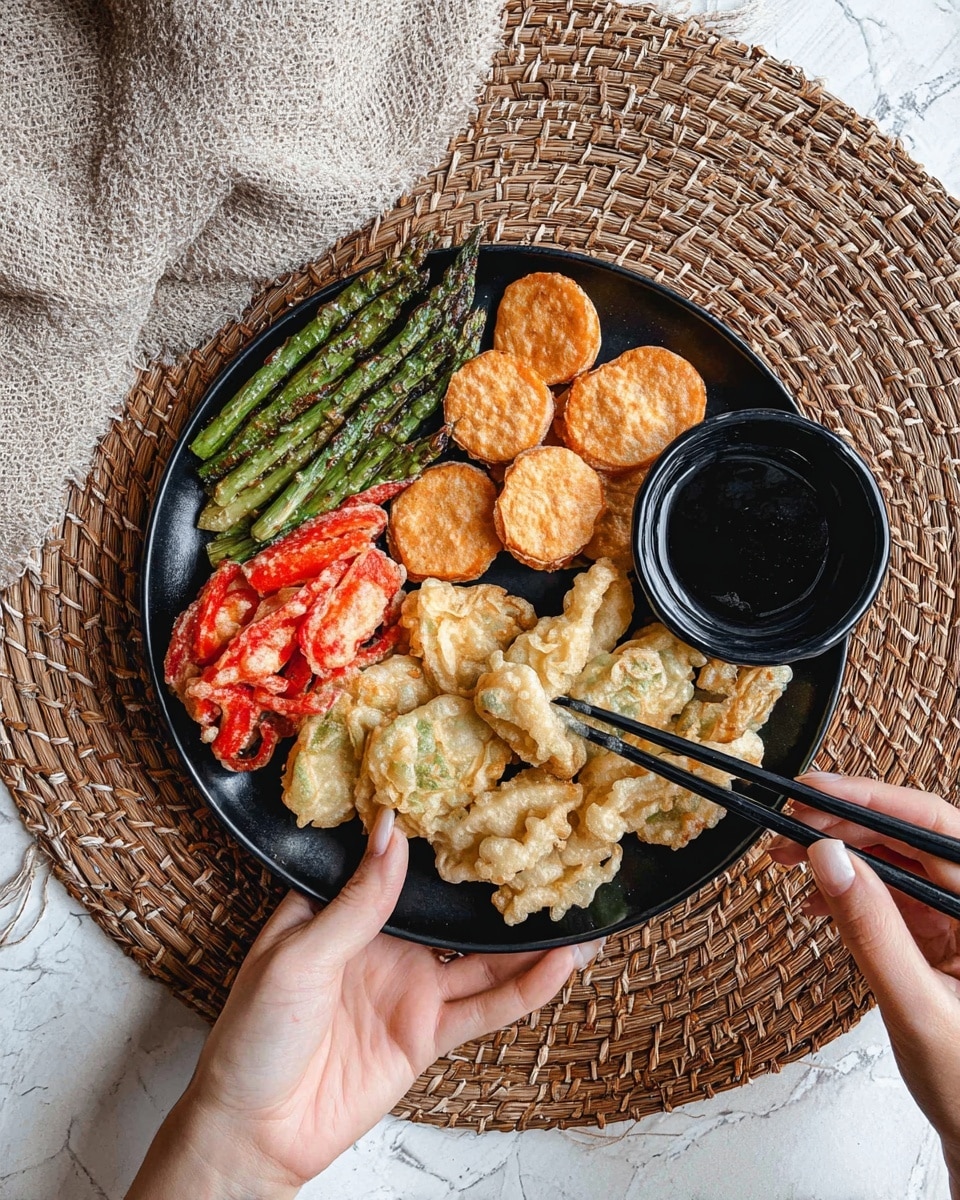 A black round plate is filled with four types of tempura arranged in separate groups: bright green tempura-fried asparagus spears on the top left, golden-brown round sweet potato slices on the top right, bright red bell pepper tempura on the bottom left, and light tan oyster mushroom tempura at the bottom center and right. A woman's hand is holding the plate from the bottom, and another woman's hand is using black chopsticks to pick up one sweet potato tempura. To the right of the plate is a small black bowl filled with dark soy sauce. The plate rests on a woven brown placemat placed over a white marbled surface. A textured light beige cloth is partially visible near the top left corner. Photo taken with an iphone --ar 4:5 --v 7