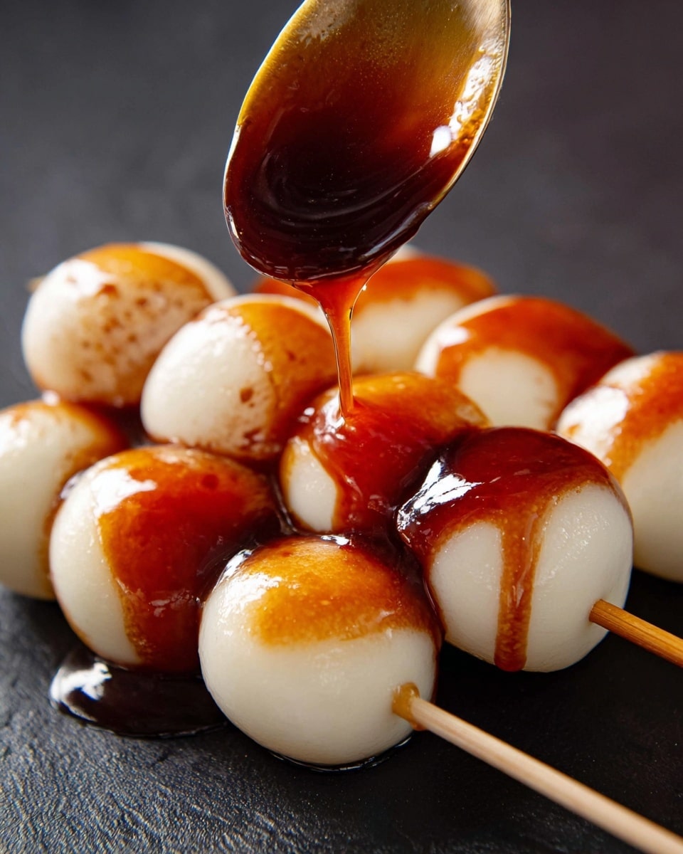 A close-up image of three skewers of smooth, round, white dumplings arranged in a triangle pattern on a dark surface, each skewer holding five dumplings. A spoon, held above the dumplings, is pouring a thick, glossy, dark brown sauce over the top layer of the dumplings, with some sauce already drizzled on them, giving a shiny, sticky appearance. The round dumplings have a slightly translucent, soft texture, and the sauce contrasts with its rich amber to dark brown color, spreading evenly on the top and sides of the dumplings. Photo taken with an iphone --ar 4:5 --v 7