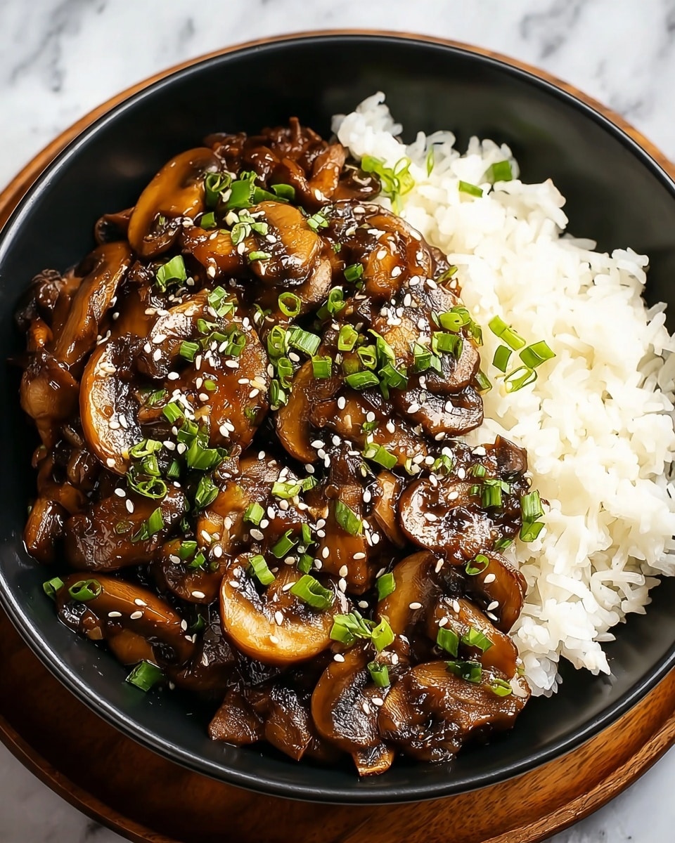 A black bowl on a white marbled surface holds two layers: the first layer is plain white rice positioned on the right side, with its soft and fluffy texture visible; the second layer on the left side is a glossy dark brown stir-fried mushroom mixture, with sliced mushrooms coated in a thick sauce, garnished with small green onion pieces and white sesame seeds sprinkled on top, adding fresh and crunchy contrasts, photo taken with an iphone --ar 4:5 --v 7
