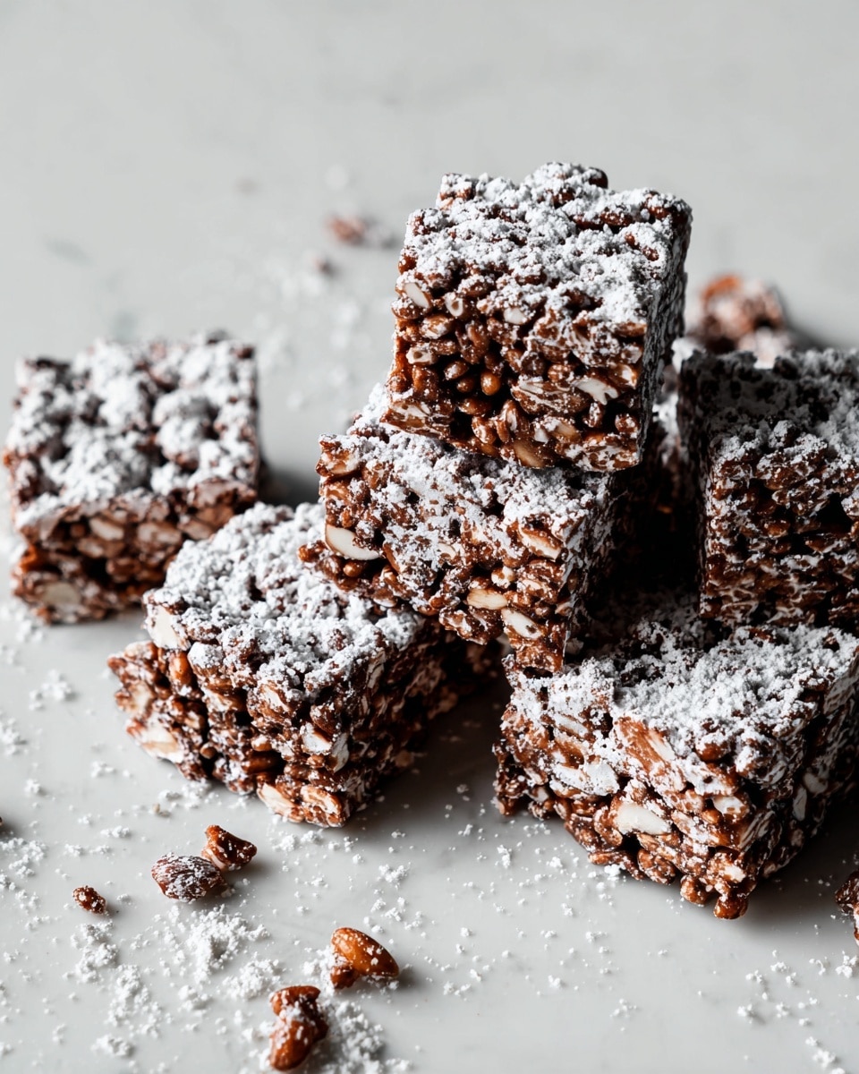 Square-shaped chocolate rice crispy treats are stacked on a white marbled surface, each treat showing visible puffed rice and slivers of almonds mixed with rich, dark chocolate. They have a rough texture with irregular edges and are dusted generously with white powdered sugar that contrasts with the deep brown color of the chocolate. The treats appear firm and thick, around two to three layers in height, with some crumbs scattered around them. Photo taken with an iphone --ar 4:5 --v 7