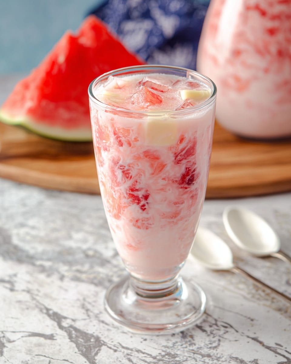 A tall clear glass filled with a creamy pink and white drink, showing swirls and small chunks of red fruit mixed throughout, topped with a light frothy layer and some pale yellow pieces on the surface; the glass stands on a white marbled surface next to two spoons with white handles, with a wooden board holding a fresh slice of watermelon and a large pitcher with the same pink drink blurred in the background. photo taken with an iphone --ar 4:5 --v 7