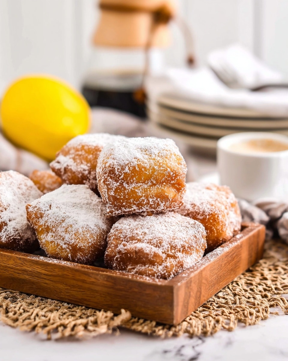The image shows a wooden tray filled with around seven fried beignet pieces stacked in two layers, each piece covered with powdered sugar giving a white dusted look on their golden-brown crispy texture. The tray sits on a woven natural fiber placemat, all placed on a white marbled surface. In the background, there is a blurred bright yellow lemon, a white cup, and a stack of white plates with a folded napkin on top, along with a glass coffee maker. The overall scene feels bright and inviting, with the focus tight on the textured beignets. photo taken with an iphone --ar 4:5 --v 7