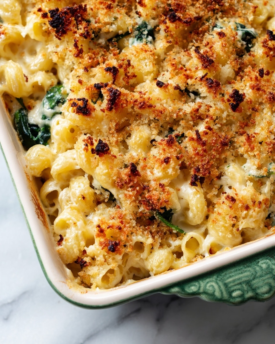 A close-up view of a baked macaroni and cheese dish in a white square casserole dish with green edges, featuring three main layers: the bottom layer of creamy white sauce mixing with pale yellow macaroni pasta, the middle layer with scattered dark green spinach leaves, and the top layer covered with a golden brown, slightly crispy breadcrumb and cheese topping with some darker toasted spots. The texture shows the macaroni curled and dense, with creamy sauce visible between the pieces, and the topping appearing crunchy and uneven, giving a warm and fresh baked look. The whole dish is placed on a white marbled surface. photo taken with an iphone --ar 4:5 --v 7