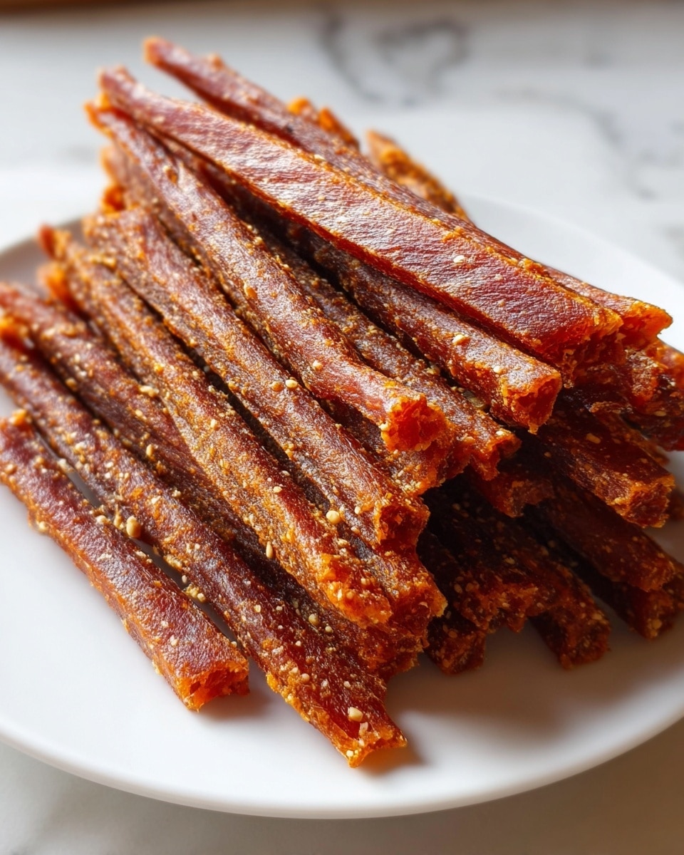 The image shows a pile of long, thin, dried meat sticks stacked neatly on a white plate. The sticks have a rich reddish-brown color with darker edges and a slightly rough texture covered with small, light-colored seasoning specks. They are arranged in overlapping layers, forming a small mountain in the center of the plate, which sits on a white marbled surface. The lighting highlights the glossy, slightly oily surface of the meat sticks, making them look flavorful and tender. Photo taken with an iphone --ar 4:5 --v 7