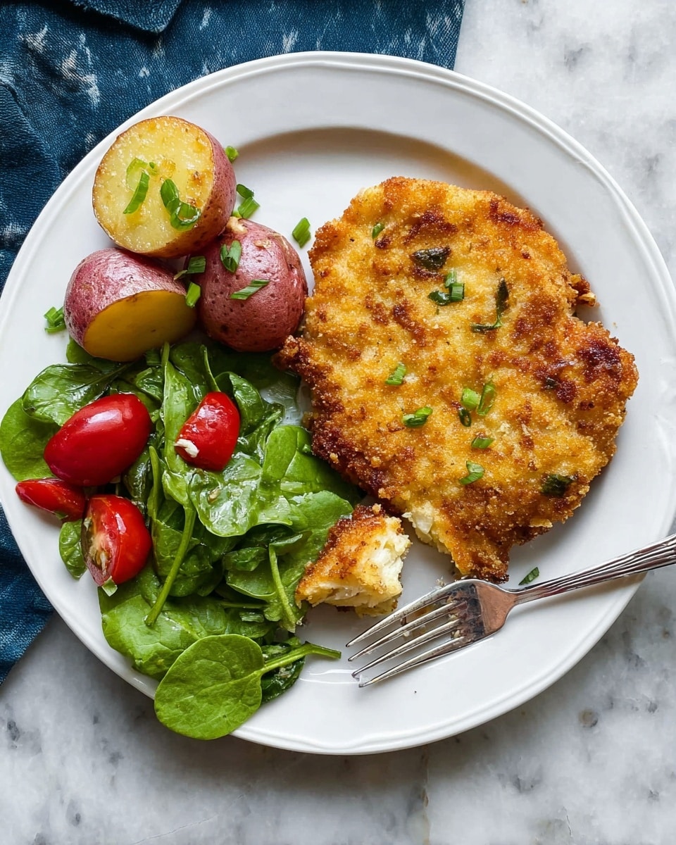 A white round plate holds a meal with three main parts: on the right, a golden-brown breaded chicken cutlet, crispy and textured, with a small piece cut off and resting near a silver fork; at the top left, three small red potatoes, slightly smashed open to show their soft yellow inside, sprinkled with chopped green onions; at the bottom left, a small bed of fresh green spinach leaves mixed with bright red grape tomato halves. The plate sits on a white marbled surface. photo taken with an iphone --ar 4:5 --v 7
