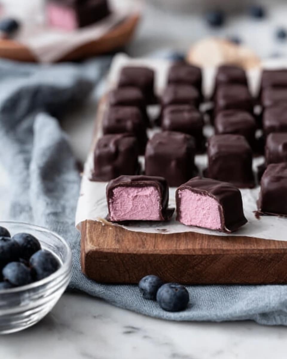 The image shows a wooden board placed on a grey cloth on a white marbled surface. On the board are many dark chocolate-covered square treats arranged in rows. Two treats are in the front, cut in half to show a smooth, light pink filling inside. In the bottom left corner, a clear glass bowl with dark blueberries is partially visible. The scene looks soft and natural with a calm color theme. photo taken with an iphone --ar 4:5 --v 7
