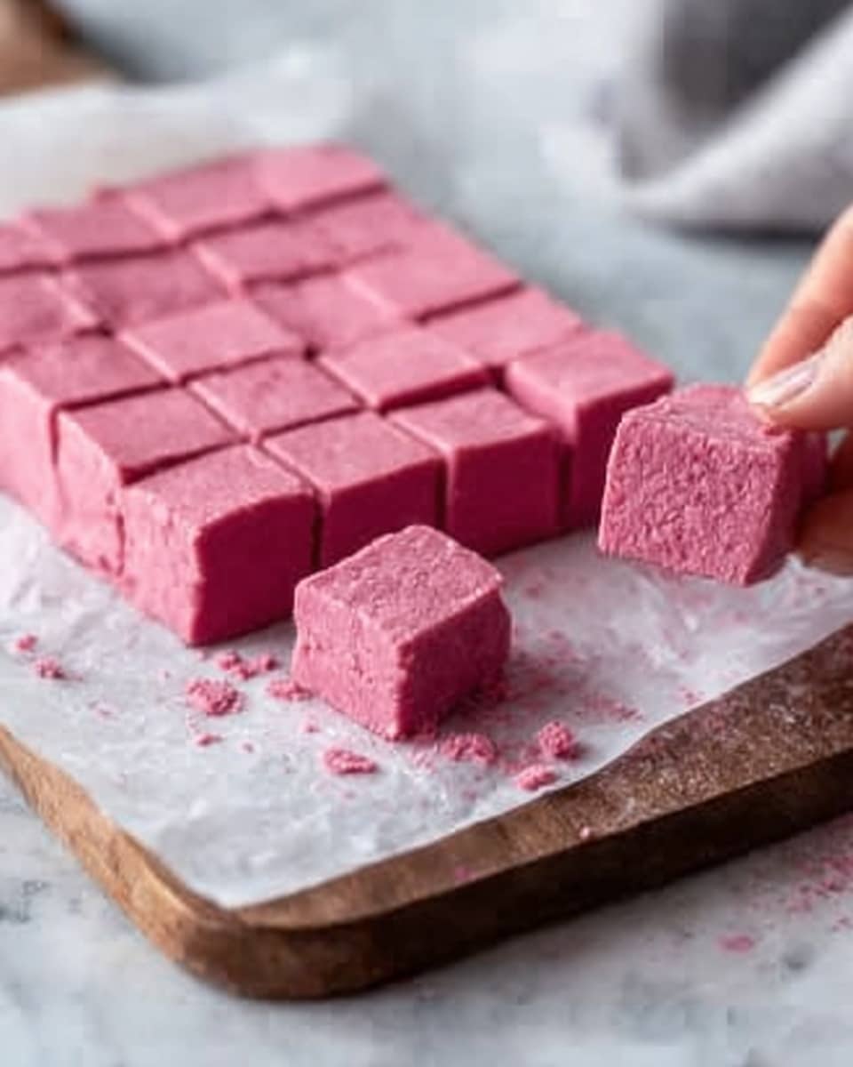 The image shows a thick rectangular block of soft, bright pink fudge cut into small square pieces. It sits on white parchment paper placed over a wooden board, with some crumbs scattered nearby. Two small fudge squares are gently held by a woman's hand at the edge of the board, showcasing the smooth and slightly rough texture of the fudge. The background features a white marbled surface. Photo taken with an iphone --ar 4:5 --v 7