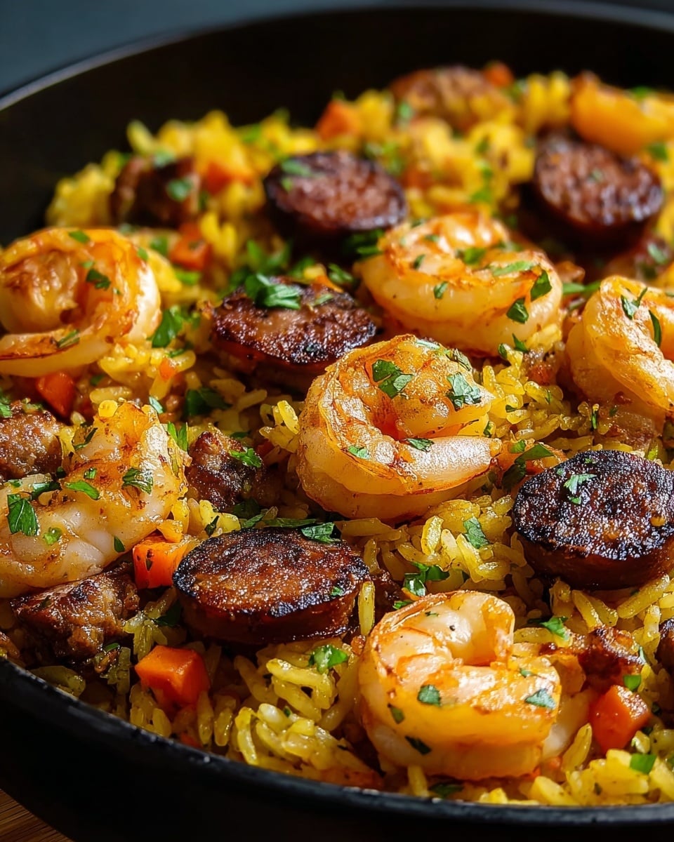A close-up view of a black pan filled with a mix of yellow rice, cooked shrimp, browned sausage slices, small chunks of meat, and pieces of carrot. The shrimp are pinkish-orange and curled, sitting on top of the rice along with dark brown sausage slices that have a crispy texture. The yellow rice has a soft, slightly oily look with some green herbs scattered on top for color. The sausage and meat pieces are mixed evenly throughout the rice, and the carrots add small pops of bright orange. The overall dish looks warm, seasoned, and colorful. photo taken with an iphone --ar 4:5 --v 7