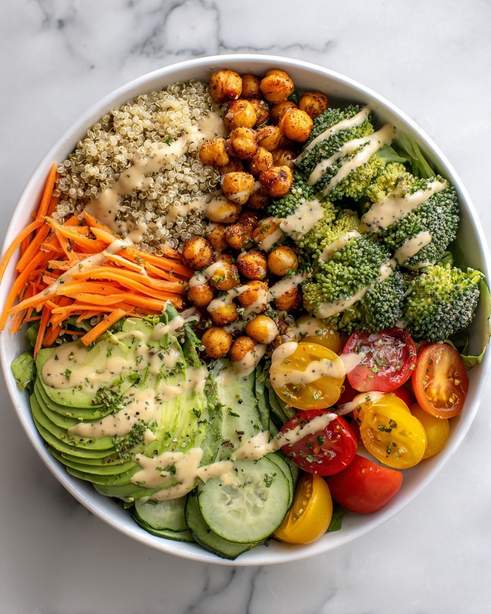 A white bowl holds a colorful layered salad arranged in sections on a bed of green leafy lettuce. Starting from the top left, there are bright yellow cherry tomato halves, next to whole red cherry tomatoes, followed by small green broccoli florets, and neatly cut orange carrot sticks. In the center, a mound of roasted chickpeas sits, browned and slightly crispy. On the left side, thin slices of ripe green avocado fan out smoothly, and below the chickpeas, a generous portion of cooked beige quinoa fills the space. The whole bowl is drizzled with a creamy white dressing and sprinkled with green herbs and black pepper. The bowl is placed on a white marbled surface. photo taken with an iphone --ar 4:5 --v 7