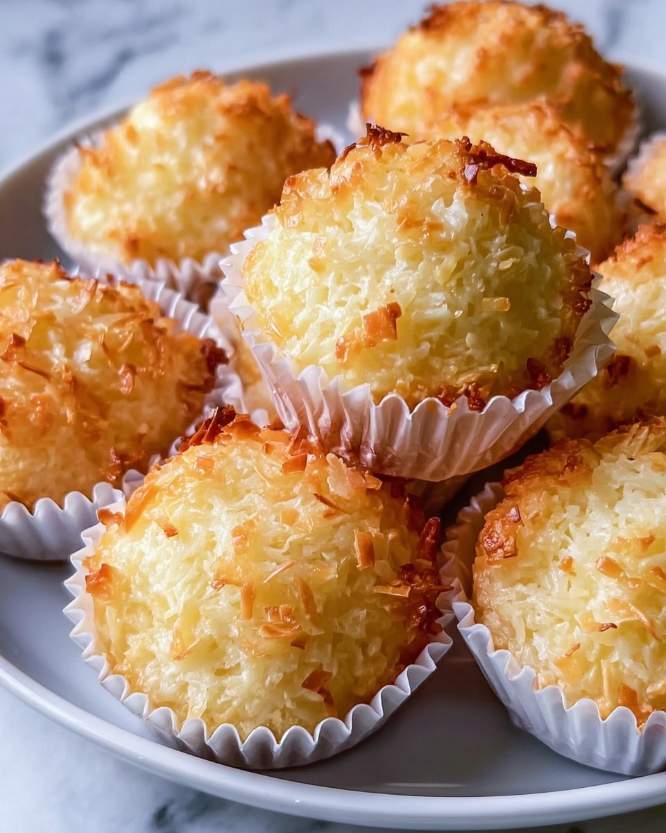 The image shows several small round coconut macaroons with a golden-brown crust on top and lighter yellow inside. Each macaroon is placed in a white pleated paper cup, arranged closely together on a white plate. The macaroons have a rough texture with visible shreds of toasted coconut on the surface, adding a crunchy look to their soft base. The background features a white marbled texture, highlighting the warm colors of the macaroons. photo taken with an iphone --ar 4:5 --v 7