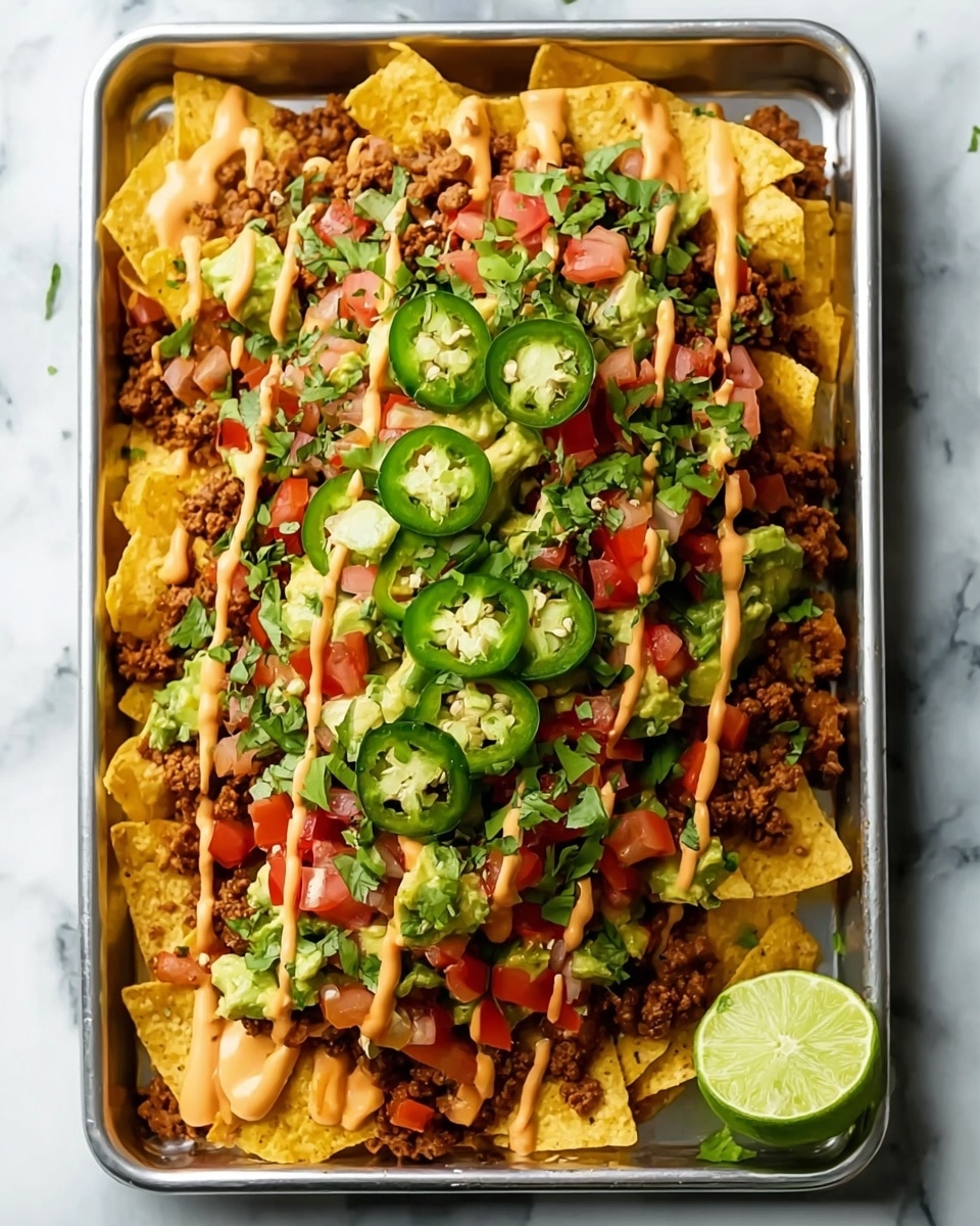 A metal rectangular tray filled with a base layer of yellow tortilla chips arranged around the edges and underneath, topped with a thick layer of cooked ground beef which has a brown crumbly texture, then a layer of diced red tomatoes and green avocado chunks mixed with fresh green cilantro leaves scattered on top. Sliced green jalapeños are placed in the center, and the whole dish is drizzled with light orange creamy sauce in diagonal lines. A halved lime with a bright green interior sits on the bottom-right corner of the tray, resting on a white marbled surface. Photo taken with an iphone --ar 4:5 --v 7