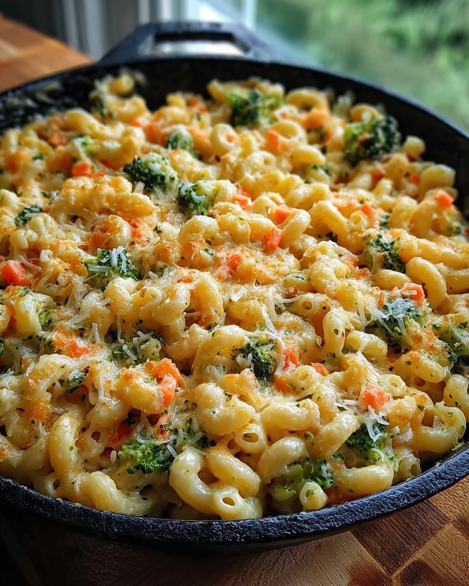 A close-up of a skillet filled with creamy macaroni and cheese mixed with small broccoli florets and finely chopped orange carrots scattered evenly throughout. The curly elbow macaroni is coated in melted cheese that has a golden, slightly crispy top layer with visible shreds of melted cheese on the surface. The broccoli adds bright green color and a bit of texture contrast, while the carrots bring small pops of orange. The skillet is placed on a wooden board with a blurred green window background replaced by a white marbled texture. photo taken with an iphone --ar 4:5 --v 7