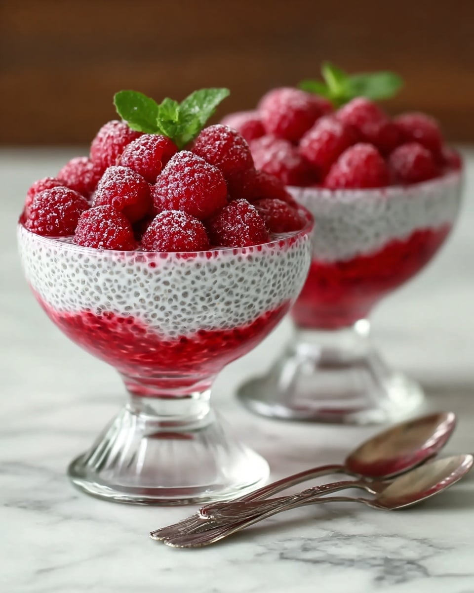 Two clear glass dessert cups with short stems sit on a white marbled surface with two silver spoons beside them. Each cup has two layers: a bottom layer of bright red raspberry sauce with a smooth texture and a top layer of white chia pudding speckled with small black chia seeds. The top is covered with a heap of fresh, plump red raspberries and garnished with a small sprig of green mint. The background is softly blurred. photo taken with an iphone --ar 4:5 --v 7