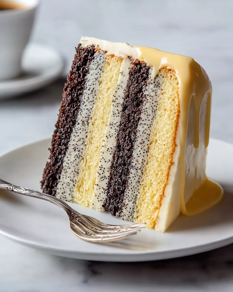 A slice of layered cake on a white plate features six layers in total, alternating between light yellow sponge, poppy seed-speckled white cream, and dark chocolate cake. The sequence from left to right shows a poppy seed cream layer, a dark chocolate layer, another poppy seed cream layer, a yellow sponge layer, a dark chocolate layer again, and finally another yellow sponge layer covered with a smooth pale yellow frosting that drips slightly on the side. A silver fork rests on the edge of the plate, and the scene is set on a white marbled surface. photo taken with an iphone --ar 4:5 --v 7