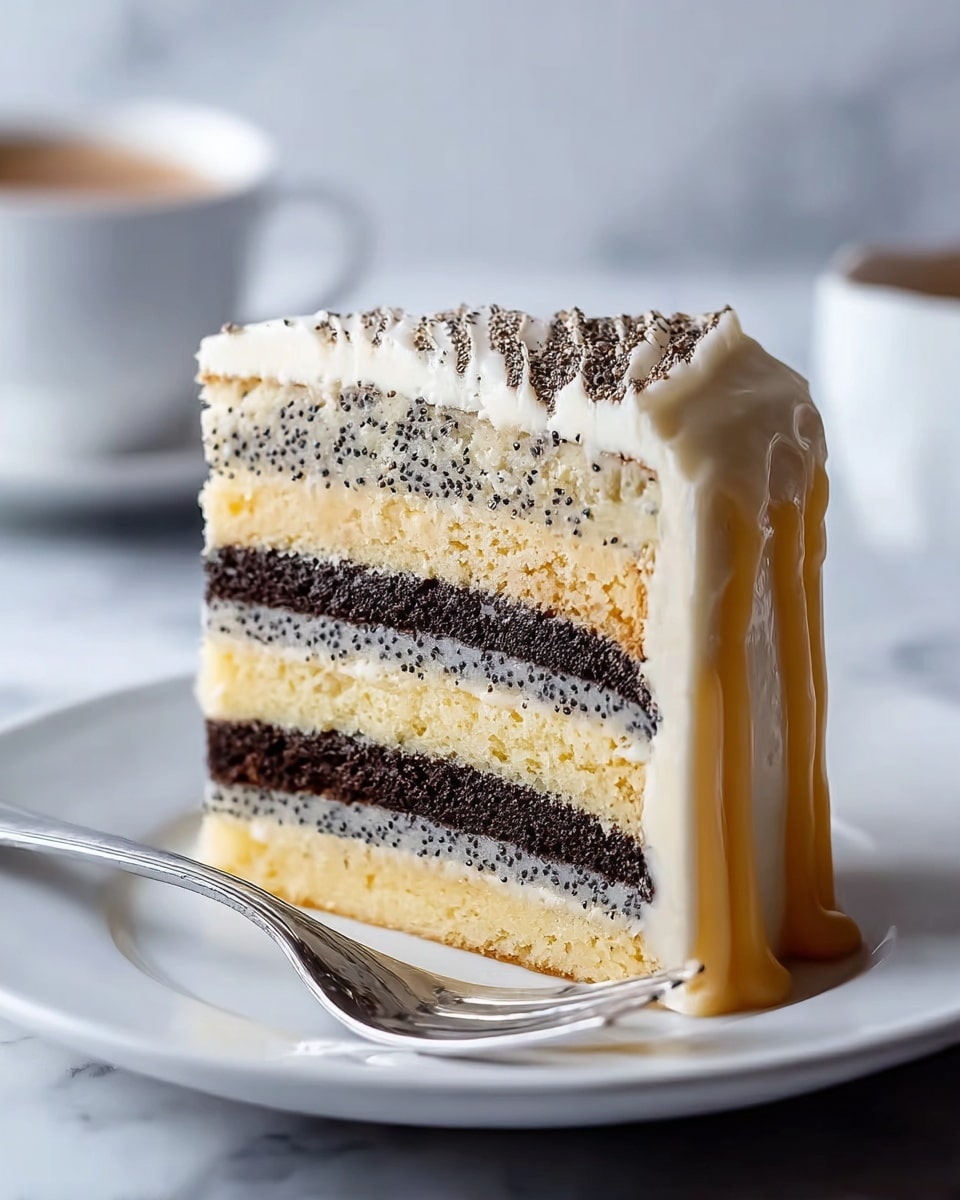 A slice of multi-layered cake sits on a white plate with a silver fork resting beside it. The cake has seven visible layers, alternating between dark chocolate, light yellow sponge, and pale poppy seed studded layers. Each layer is separated by smooth white frosting and the entire cake is covered with a creamy white frosting that slightly drips down the sides. The background shows a white marbled surface with a blurred white cup in the distance. photo taken with an iphone --ar 4:5 --v 7