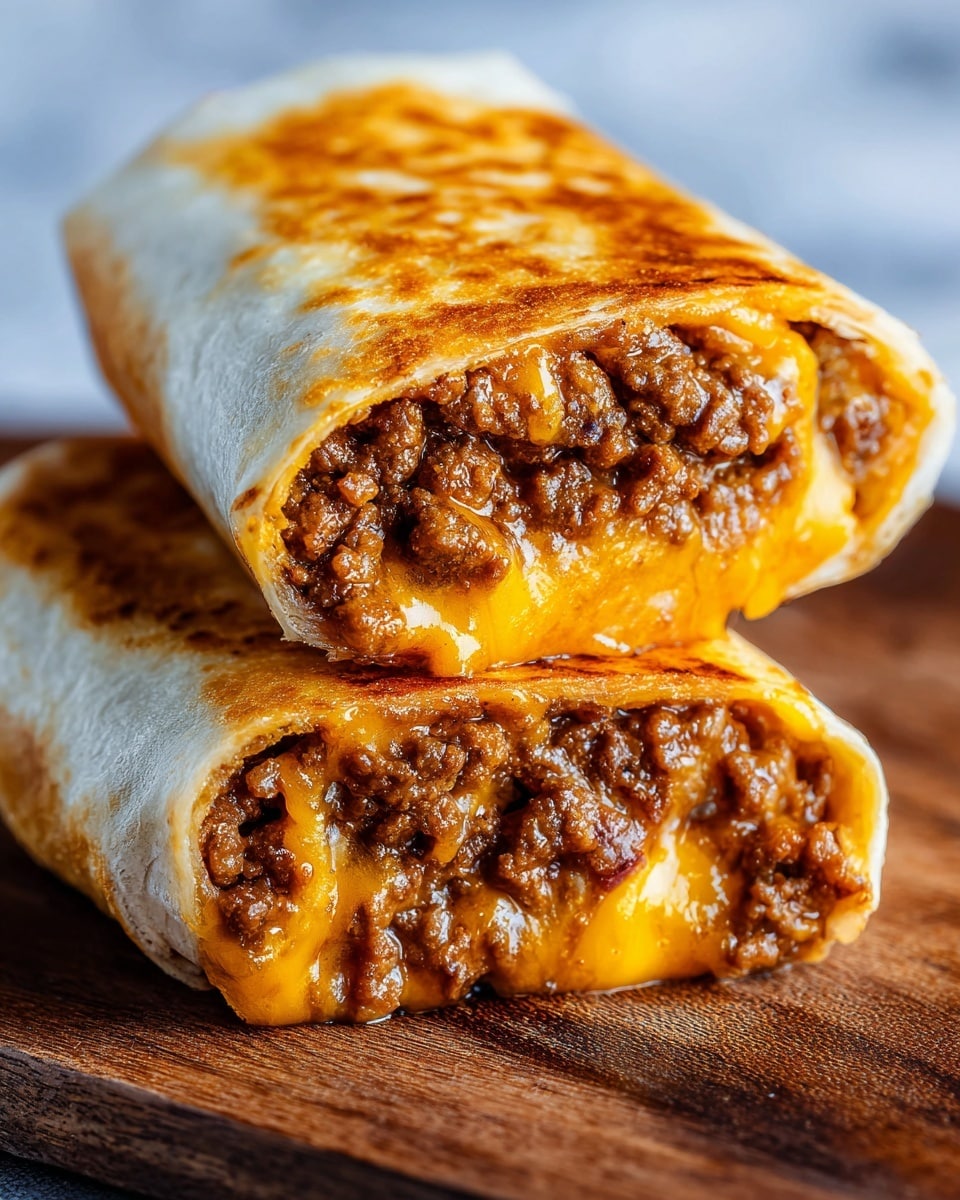 The image shows two burrito halves stacked on a wooden board with a white marbled texture underneath. Each burrito is wrapped in a golden-brown, toasted tortilla that looks slightly crispy. Inside, there is a hearty layer of cooked ground beef with a rich, dark brown color mixed with melted cheddar cheese that is bright orange and gooey, oozing slightly from the edges. The top burrito half is positioned slightly leaning on the bottom half, showcasing the filling clearly. The textures of the tortilla and the filling contrast well, making the burritos look fresh and delicious. photo taken with an iphone --ar 4:5 --v 7