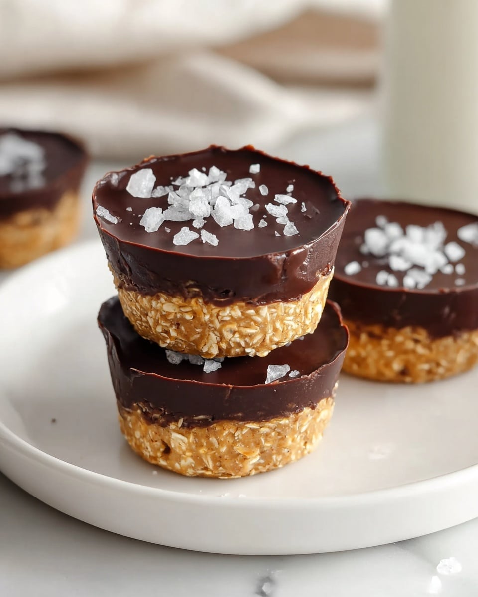 The image shows four small round treats stacked on a clean white plate with a white marbled texture surface underneath. Each treat has two layers: the bottom layer is a light brown, rough textured oat base, and the top layer is a smooth, dark shiny chocolate coating with a slightly uneven edge. There are small white salt flakes sprinkled on top of the chocolate layer, adding texture and contrast. The treats are close together, creating a slight shadow and depth effect. Photo taken with an iphone --ar 4:5 --v 7