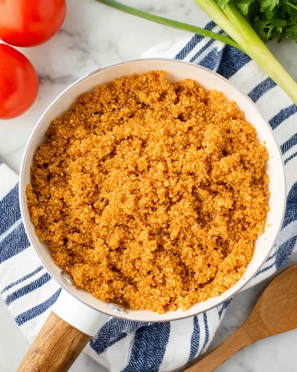 A white pan with a wooden handle sits on a white marbled surface with a blue and white striped cloth underneath. Inside the pan is cooked quinoa, with a warm orange-brown color and a soft, fluffy texture, evenly filling the pan. In the background, there are two whole tomatoes and some green onion stalks on the marbled surface, with some green herbs partially visible at the top right corner. A wooden spoon rests near the pan. Photo taken with an iphone --ar 4:5 --v 7