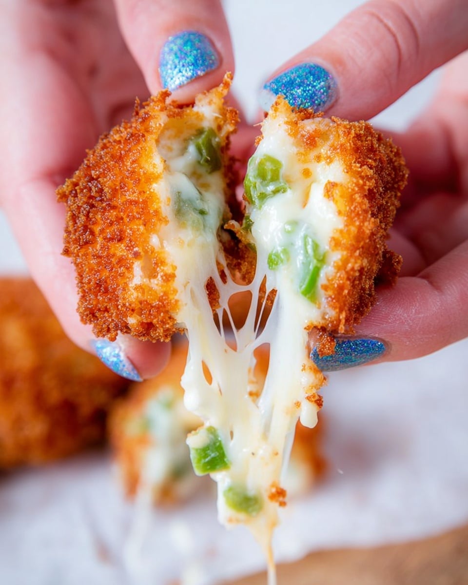A close-up view shows a crispy, golden-brown fried cheese piece being pulled apart by a woman's hand with blue glitter nail polish. The inside reveals melted, stretchy white cheese mixed with small bits of green peppers, creating a gooey texture that stretches between the two halves. The background is soft and blurred, keeping focus on the cheesy piece. The surface beneath is a white marbled texture. photo taken with an iphone --ar 4:5 --v 7
