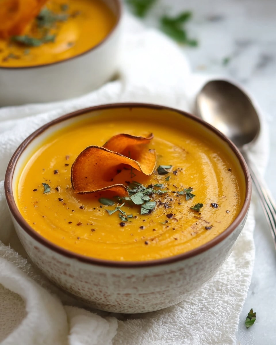 A white bowl filled with smooth, creamy orange soup that has a swirl texture on the top. On the surface of the soup, there is a dry orange vegetable chip curled up and positioned slightly to the left, sprinkled with small green herb leaves and black pepper. The bowl is placed on white fabric with a white marbled background behind it. A silver spoon lies to the right of the bowl, with the bowl's rim showing a textured, rustic brown pattern. In the background, a second bowl with the same soup is partially visible. photo taken with an iphone --ar 4:5 --v 7