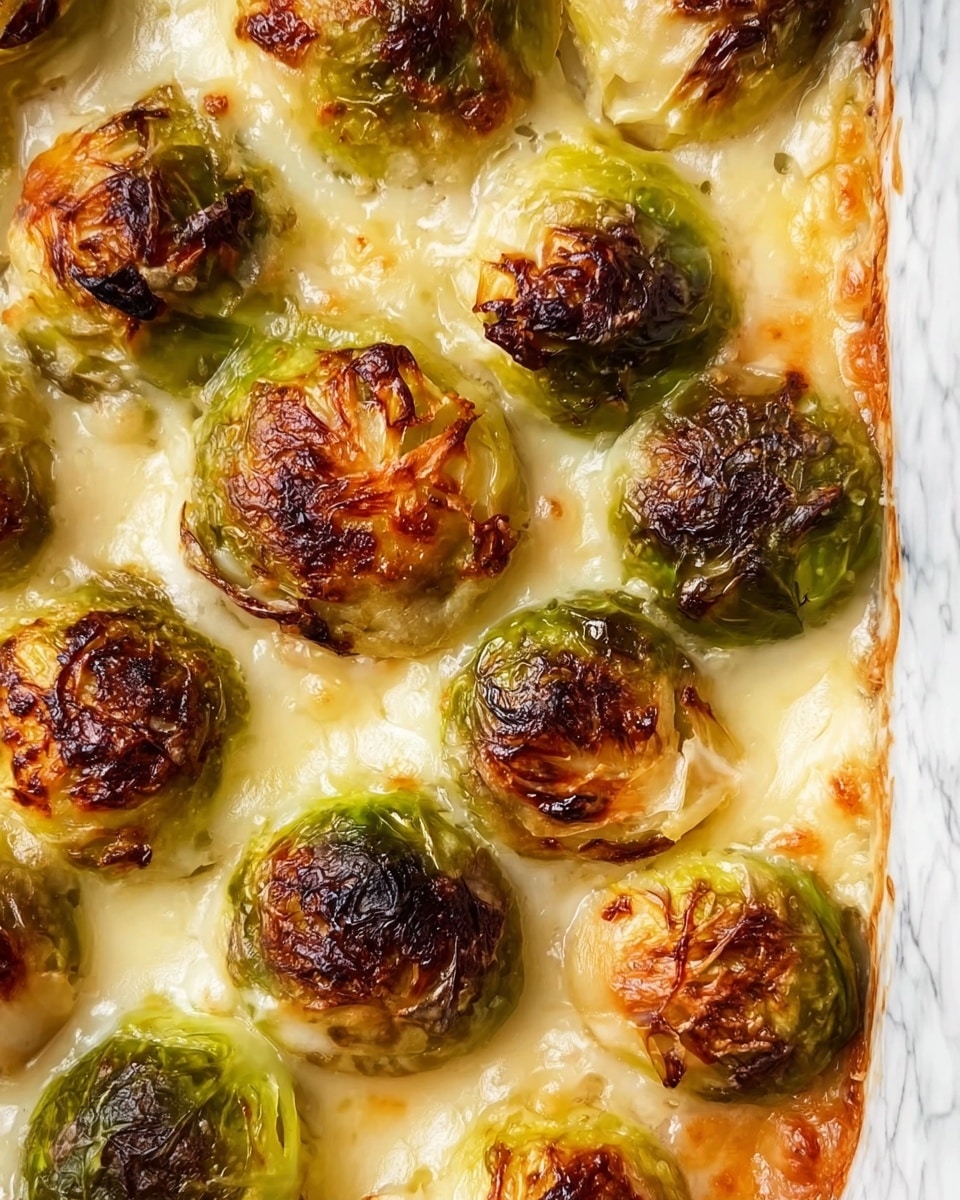 This image shows a close-up of roasted Brussels sprouts arranged tightly in a white baking dish on a white marbled surface. There are about twelve Brussels sprouts, each with a golden-brown, caramelized top layer showing crispy, darkened edges, and their inner leaves have a soft yellow-green color. The Brussels sprouts sit in a creamy, melted cheese sauce that almost covers the bottom parts, with some bubbling and toasty browned spots around them, creating a mix of smooth and slightly crisp textures. photo taken with an iphone --ar 4:5 --v 7
