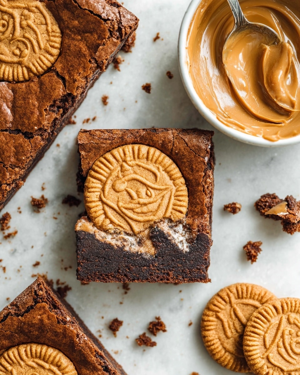 The image shows a close-up of a square brownie with a golden brown cookie layer on top marked by a sun face design, the cookie is slightly cracked and embedded in the dense, dark brown brownie layer beneath. Around the main brownie piece, small crumbs are scattered on a white marbled surface. To the side, there is a white bowl filled with smooth, light brown peanut butter, and a spoon resting inside it. Near the top right corner, two whole, round cookies with the same sun face design are placed on the surface. The texture of the brownie appears chewy and rich, while the cookie part looks crisp and baked to a light golden brown. photo taken with an iphone --ar 4:5 --v 7