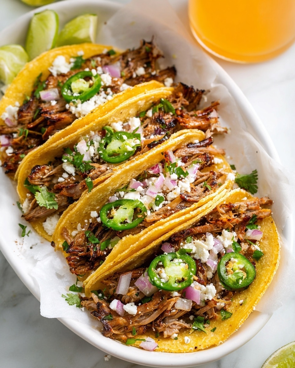 The image shows three tacos arranged in a row on a white oval plate lined with white paper. Each taco has a soft yellow corn tortilla as the base layer. The next layer is filled with shredded grilled meat, which is brown with charred edges and looks tender. On top of the meat, there are small pieces of chopped red onion, scattered white crumbled cheese, and bits of green cilantro. Thin slices of green jalapeño peppers are placed inside each taco, showing a shiny, moist texture. The plate is set on a white marbled surface, and lime wedges and a glass of light orange drink can be seen blurred in the background. photo taken with an iphone --ar 4:5 --v 7
