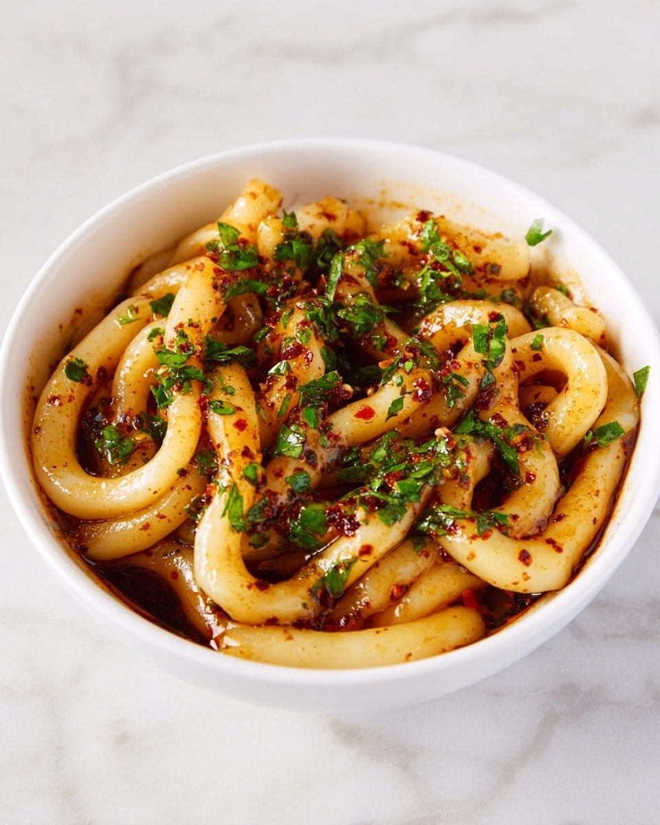 A white bowl filled with thick, smooth, and glossy pale yellow noodles arranged in loose loops and curves, coated in a shiny dark reddish-brown sauce with visible red chili flakes scattered throughout, topped with finely chopped fresh green herbs evenly spread over the noodles, all placed on a white marbled surface. photo taken with an iphone --ar 4:5 --v 7