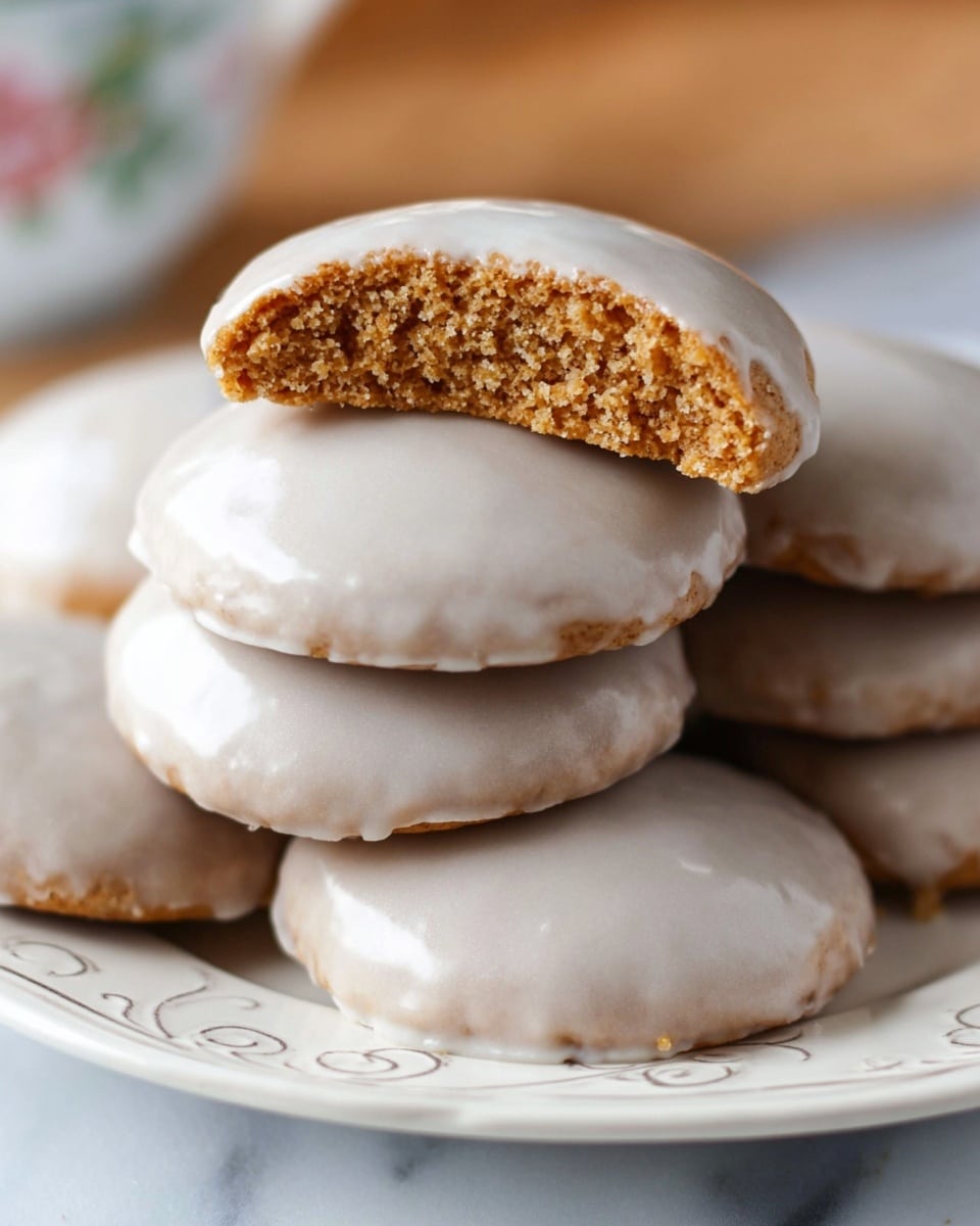 A stack of round cookies with a smooth, light gray glaze covers each one fully, giving a shiny, slightly wet look. One cookie is broken in half on top, showing a dense, crumbly inside with a warm brown color and visible small air pockets. The cookies rest on a white plate with a delicate embossed swirl design, placed on a white marbled surface. The light highlights the gentle curves and slight texture differences on the glaze and cookie crumbs. photo taken with an iphone --ar 4:5 --v 7