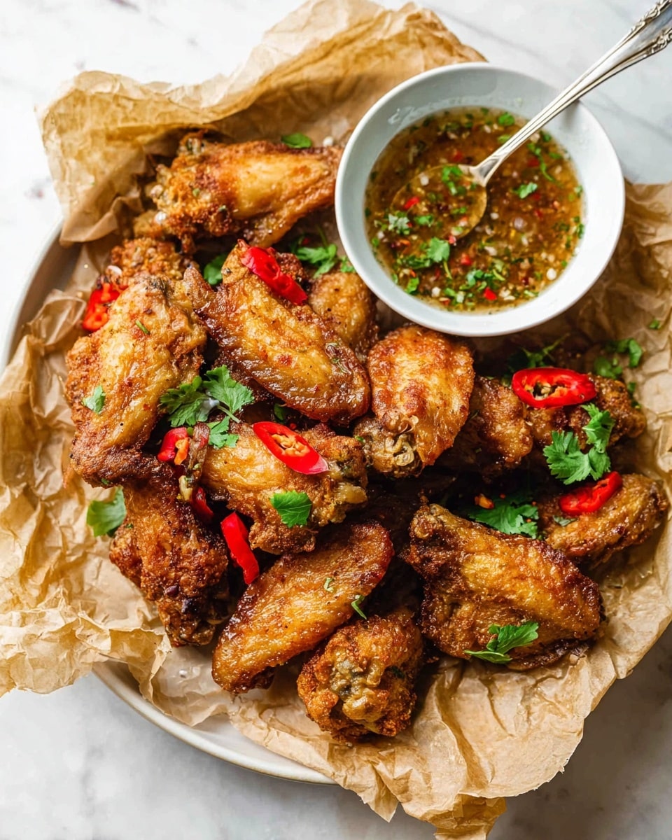 A white round plate lined with crumpled brown parchment paper holds about ten pieces of golden brown, crispy fried chicken wings arranged in a loose pile. The chicken has a crunchy texture with uneven, crispy skin showing darker brown spots. Bright red sliced chili peppers and green cilantro leaves are scattered on and around the chicken pieces, adding color contrast. To the top right, a white bowl with light brown dipping sauce containing herbs and spices sits on the parchment paper, with a silver spoon resting inside the bowl. The entire scene is set on a white marbled surface. photo taken with an iphone --ar 4:5 --v 7