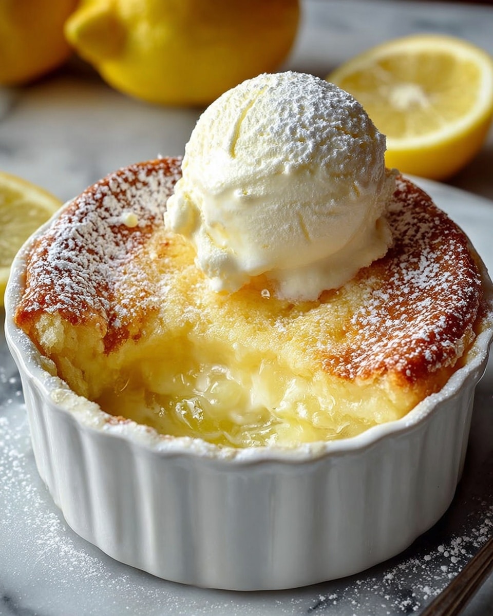 The image shows a white round baking dish with a baked lemon dessert inside, featuring a golden brown, slightly cracked top layer dusted with powdered sugar. The dessert is cut open, revealing a thick, moist, pale yellow lemon filling beneath the crust. A silver spoon is partially inside the dessert, scooping some of the soft middle layer. The background has a white marbled texture with whole and sliced lemons and small white flowers, adding a fresh and bright feel. Photo taken with an iphone --ar 4:5 --v 7