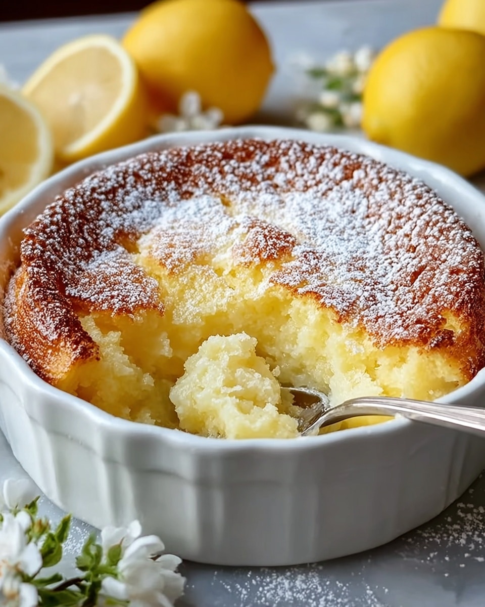A white fluted ceramic dish holds a warm lemon dessert with three visible layers: the top layer is golden brown and lightly crisp with a dusting of white powdered sugar, the middle layer is soft, creamy, and pale yellow with a gooey texture showing a scoop taken out, and the final layer at the bottom is a smooth and shiny yellow lemon filling. On top of the dessert sits a single scoop of pale yellow vanilla ice cream, beginning to melt slightly at the edges. In the blurred background, there are two halved lemons adding a fresh touch, all set on a white marbled surface. photo taken with an iphone --ar 4:5 --v 7