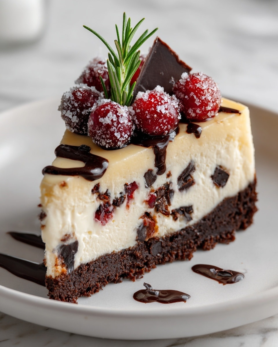 A slice of cheesecake sits on a white plate with a white marbled background, showing three clear layers: a dark brown crumbly base, a thick creamy white cheesecake layer dotted with chunks of dark chocolate and bits of red berries, and a smooth pale yellow top layer. The top is decorated with a few glossy red berries covered in sugar crystals, a small green rosemary sprig, and a small piece of dark chocolate. Thin lines of dark chocolate drizzle run across the top layer, adding contrast. photo taken with an iphone --ar 4:5 --v 7