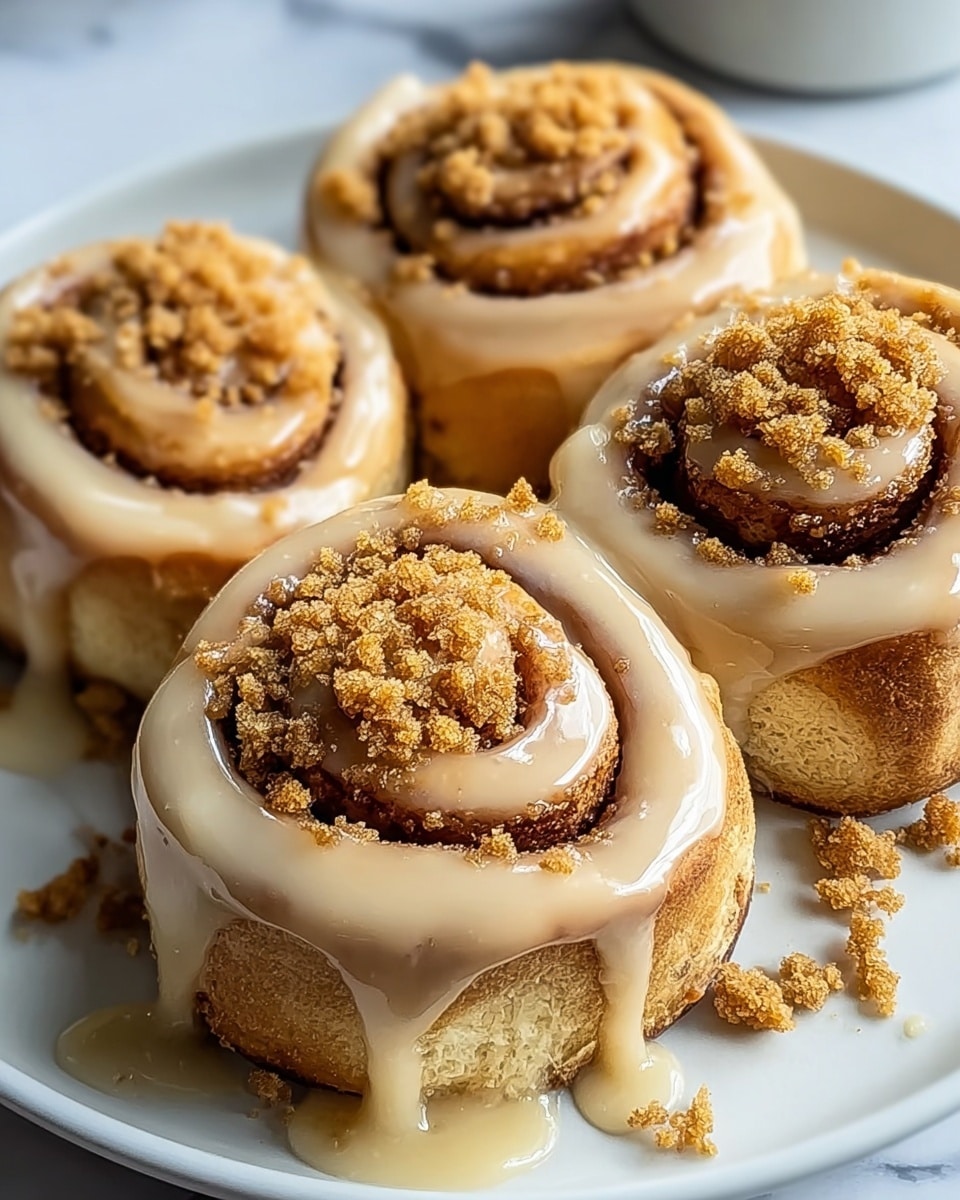 Four cinnamon rolls are placed closely on a white plate over a white marbled surface. Each roll has a thick, creamy, light beige icing layer that drips down the sides and pools slightly at the base. The cinnamon rolls have a warm brown dough with a visible spiral shape, showing inner layers of cinnamon filling. On top of each roll, there is a crumbly golden-brown streusel topping, adding a textured contrast to the smooth icing. Some streusel crumbs are scattered on the plate around the rolls. photo taken with an iphone --ar 4:5 --v 7
