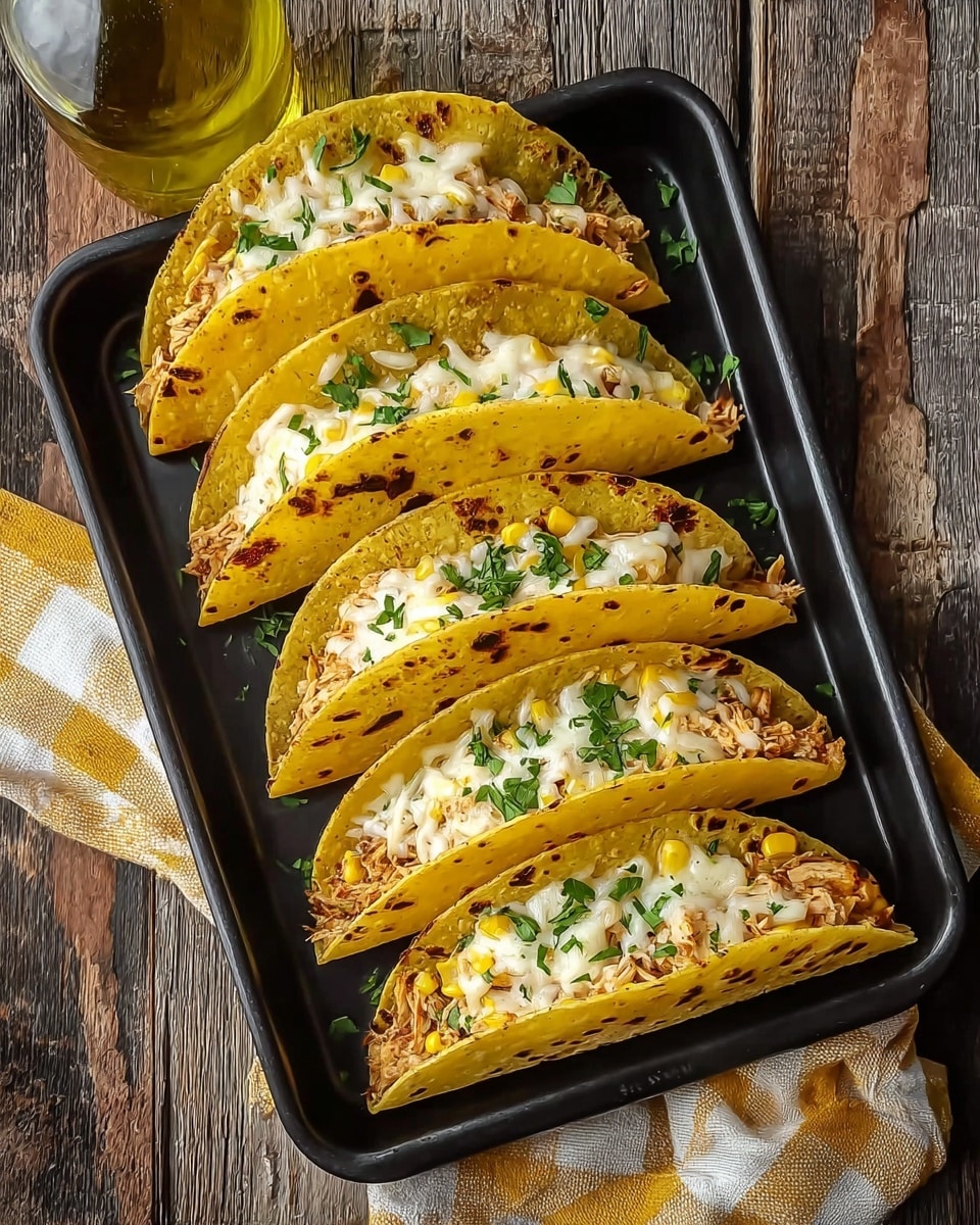 Six yellow corn taco shells are neatly arranged in a black baking tray. Each taco is filled with a mix of shredded chicken and corn, topped with melted white cheese and sprinkled with chopped green herbs. The shells have a slightly toasted texture, showing some light brown spots. The tray is set on a rough wooden surface with a folded yellow and white checkered cloth nearby and a glass bottle of olive oil to the side. photo taken with an iphone --ar 4:5 --v 7