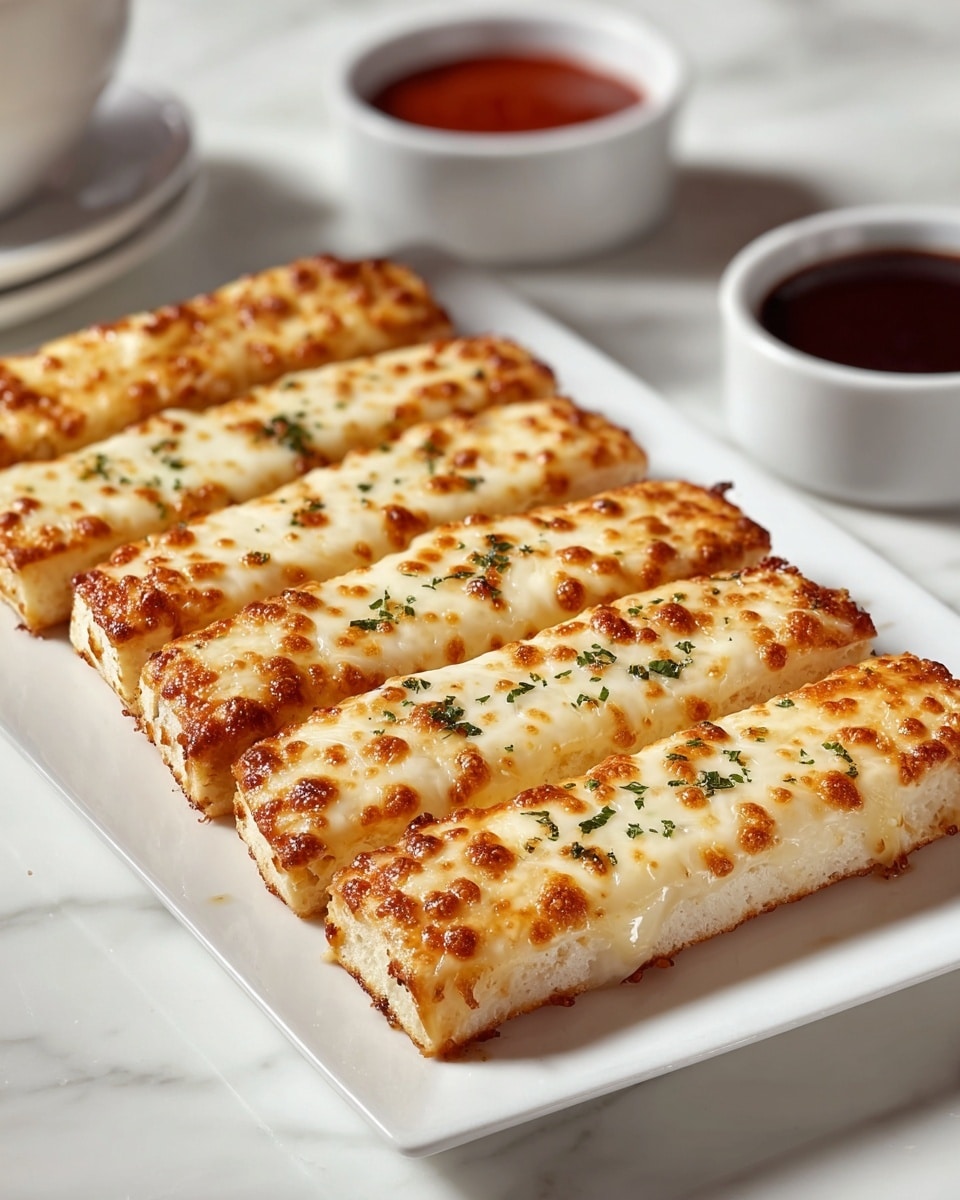 The image shows six rectangular breadsticks placed in two neat rows on a white rectangular plate with a smooth surface. Each breadstick has a thick, golden-brown melted cheese layer on top with small browned spots, creating a bubbly and slightly crispy texture. There are small green herbs sprinkled evenly on the cheese, adding a touch of color. Behind the plate, two small white bowls hold red and dark reddish sauces, all set on a white marbled surface that blends softly into the background. The lighting highlights the gooey cheese and the slight shine on the sauce bowls. photo taken with an iphone --ar 4:5 --v 7