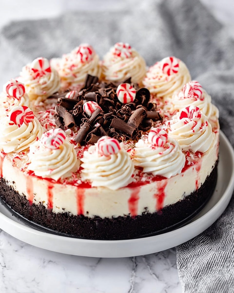 A round layered cake on a white plate with a dark chocolate crumb base as the bottom layer, topped by a thick creamy white layer in the middle. On top, there are piped swirls of white cream with red syrup drizzled over them, arranged around the edge of the cake. Each swirl is decorated with a small red and white striped peppermint candy. The center of the cake has white cream rosettes surrounding a pile of small dark chocolate curls. The cake is placed on a white marbled surface with a soft grey and white striped cloth in the background. Photo taken with an iphone --ar 4:5 --v 7