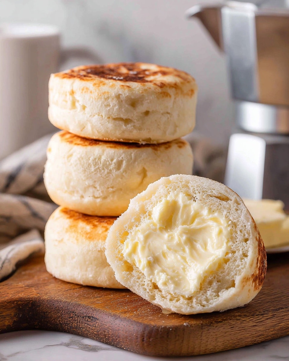 The image shows a stack of four golden brown English muffins with a soft, fluffy texture placed on a wooden board. At the front, one muffin is cut in half horizontally, revealing a creamy layer of butter spread thickly on the inside, showing a soft, porous inside crumb. The muffins have a lightly browned top and bottom, with a pale beige middle that looks airy and tender. The background includes a blurred white mug and silver coffee pot, all set on a white marbled surface. photo taken with an iphone --ar 4:5 --v 7