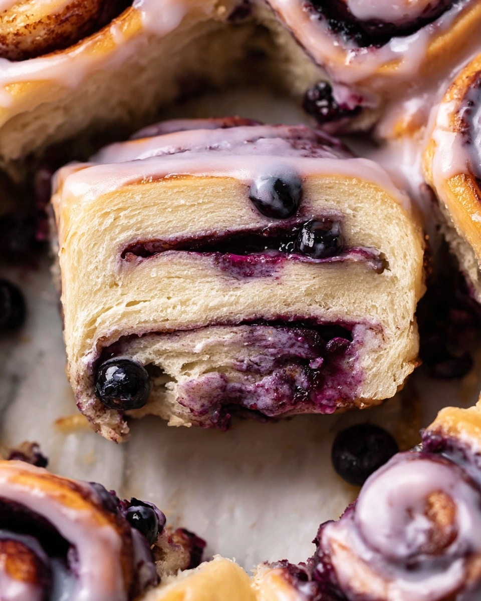 A close-up view of a sliced blueberry cinnamon roll with multiple layers of soft, light golden dough swirled with dark purple-blue blueberry filling and small blueberries. The roll has a shiny, smooth layer of light lavender glaze on top that drips slightly down the sides, showing moist texture beneath. The roll is placed on a white marbled surface, with parts of other cinnamon rolls visible around it, showcasing rich purple filling and creamy glaze. The layers inside the roll are fluffy and airy, highlighting the contrast between the pale dough and the deep blueberry color. Photo taken with an iphone --ar 4:5 --v 7