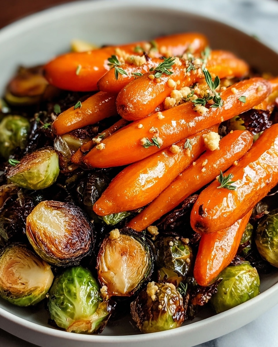 A close-up of roasted carrots and Brussels sprouts piled together in a deep white bowl. There are about two layers: the bottom layer has browned, halved Brussels sprouts with charred edges showing a mix of light green and brown colors, while the top layer features whole, glossy orange carrots with a few small green herb pieces and tiny beige crumbs sprinkled on top. The vegetables have a shiny, slightly oily texture with a roasted finish. The setting has a white marbled texture beneath the bowl. Photo taken with an iphone --ar 4:5 --v 7