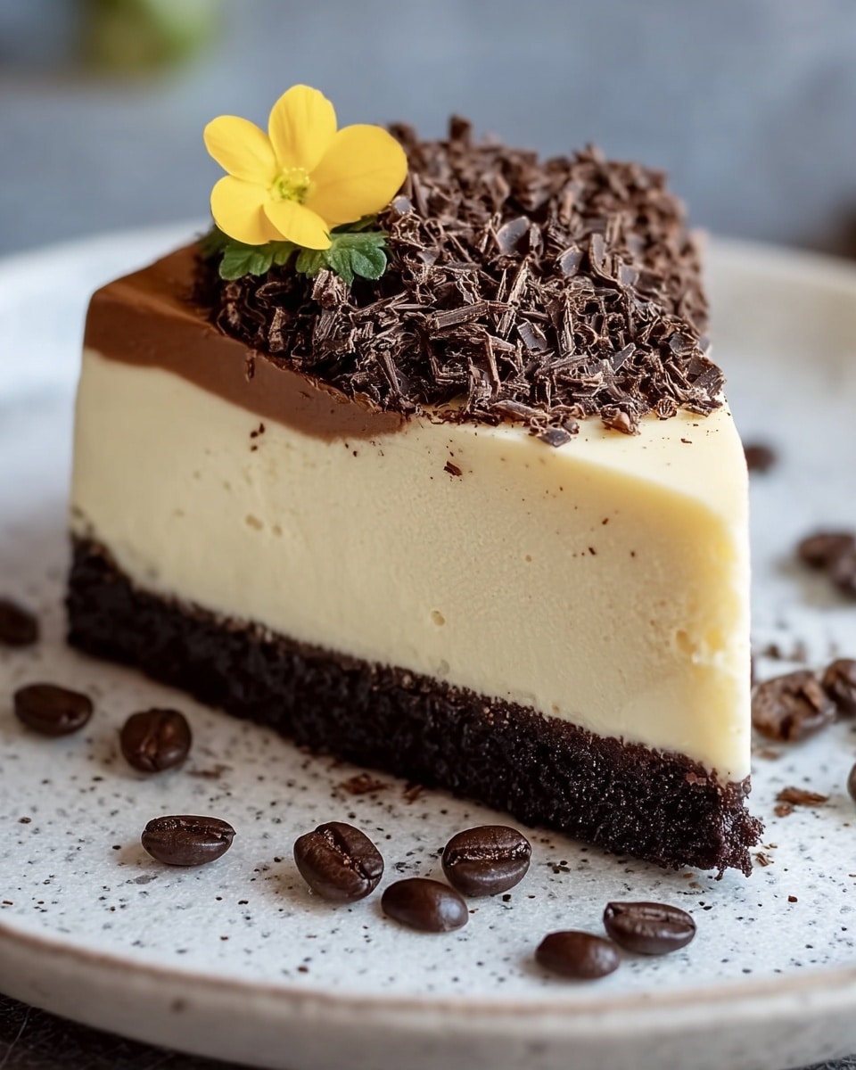 A single slice of cheesecake is shown with three layers: a thick dark brown crumbly base at the bottom, a thick creamy off-white middle layer with a smooth texture, and a thin light brown glossy top layer. The top of the cheesecake is decorated with dark chocolate shavings piled in the center and a small yellow flower on the side. Around the slice on the white marbled plate are scattered more chocolate shavings and a few whole dark brown coffee beans. The photo has a close-up view focusing on the textures and details of the dessert, photo taken with an iphone --ar 4:5 --v 7