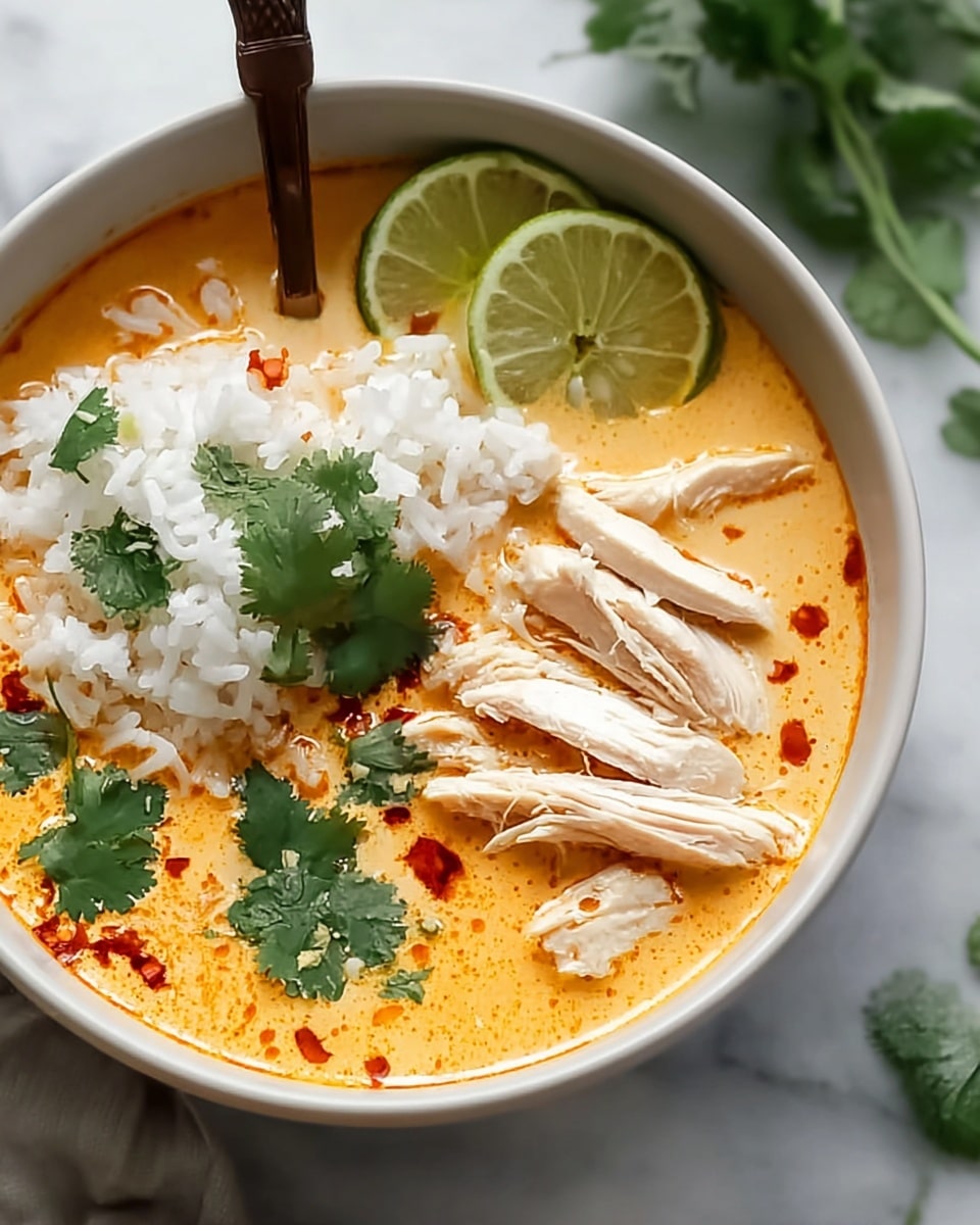 A close-up of a white bowl filled with a creamy orange soup, topped with three layers of thinly sliced white chicken breast pieces arranged on one side, a small mound of fluffy white rice next to the chicken, and fresh green cilantro leaves scattered over the soup. Two bright green lime wedges rest on the rim of the bowl. A dark spoon handle dips into the soup, which has small spots of chili oil and red chili paste on top. The bowl sits on a white marbled surface with some green herbs slightly visible in the background. Photo taken with an iphone --ar 4:5 --v 7