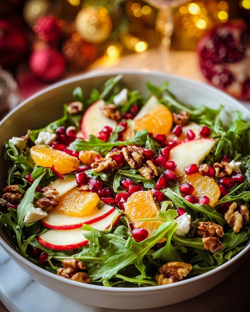 A close-up view of a salad in a white bowl, showing multiple layers and bright colors. The bottom layer is made of fresh green leaves with frilly edges, mixed with some dark purple leaves. On top, there are thin slices of red-skinned apple with light yellow flesh, scattered evenly. Bright red pomegranate seeds add a glossy, jewel-like texture across the salad. Small clusters of shiny brown walnuts are spread throughout the dish, along with small white chunks that look like soft cheese. A light, glossy dressing is drizzled lightly on some parts of the salad. The bowl is set on a white marbled surface with soft warm lights blurred in the background, giving a cozy feel. photo taken with an iphone --ar 4:5 --v 7
